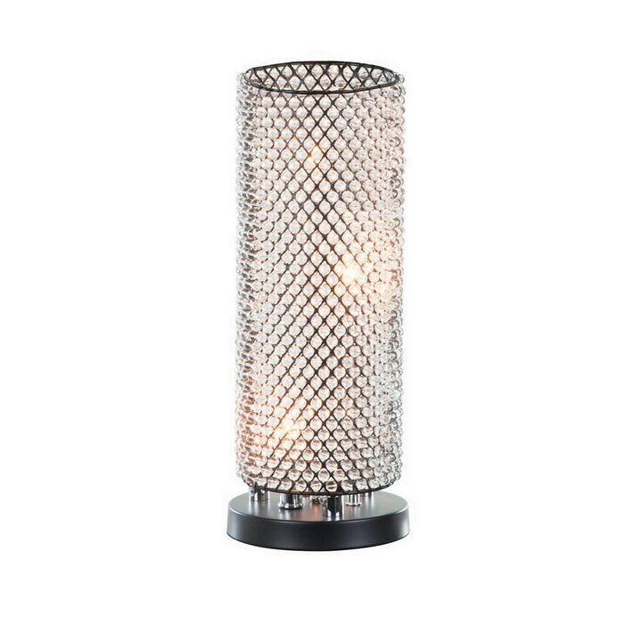 16 Inch Table Lamp, Crystal Cylinder Shade, Metal Mesh, Antique Bronze-Benzara