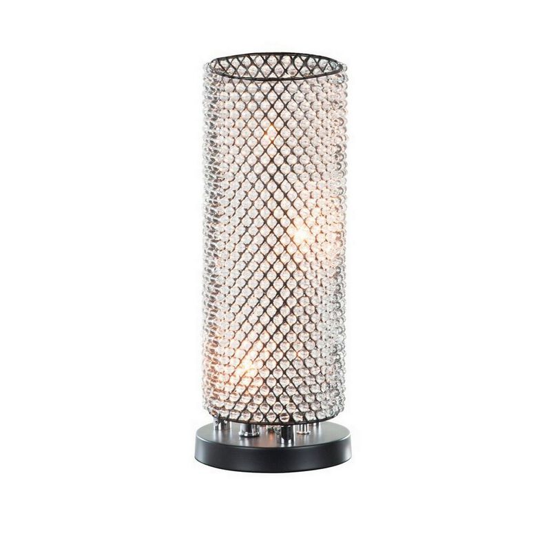 16 Inch Table Lamp, Crystal Cylinder Shade, Metal Mesh, Antique Bronze-Benzara