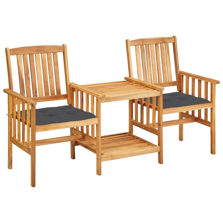 3pc Outdoor Tea Table and Chairs Set, Anthracite Gray, Acacia Wood - Benzara