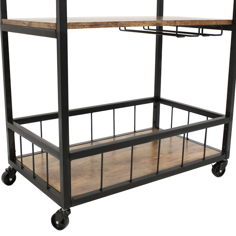 Sunnydaze 3-Tier Industrial Rolling Bar Cart with Wine Rack - 35 in