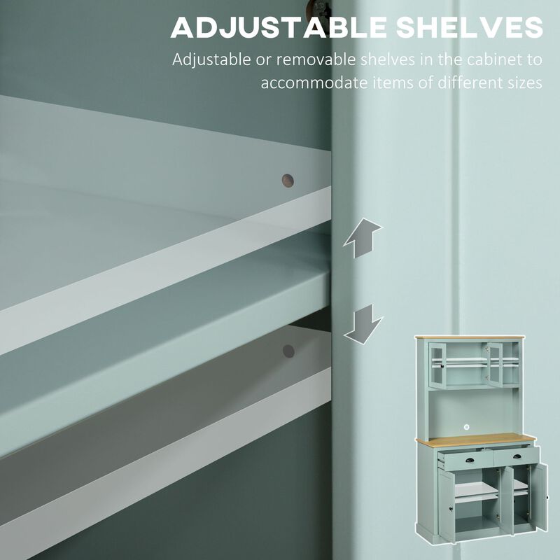 Light Blue Kitchen Cabinet: 71" Pantry with Hutch, Glass Doors