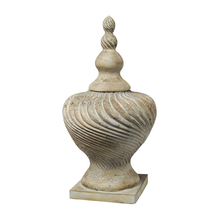 22 Inch Lidded Vase with Turned Finial Design and Swirl Pattern, White-Benzara