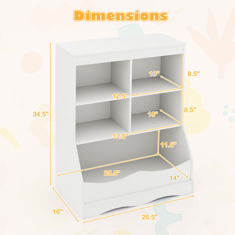 Kids Bookshelf  with 5 Bins for Playroom and Living Room