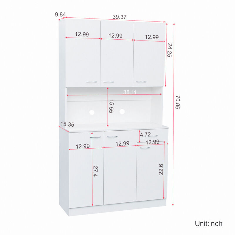 70.87" Tall Wardrobe & Kitchen Cabinet, with 6-Doors, 1-Open Shelves and 1-Drawer for bedroom, White