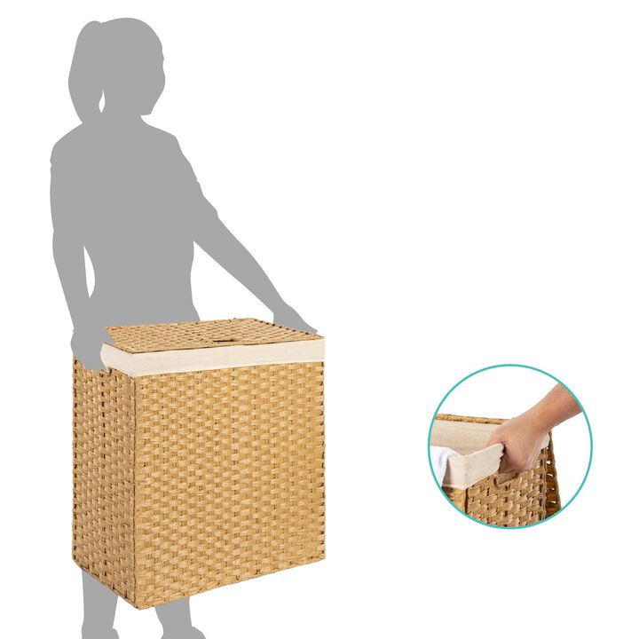 Hivvago Folding 2-Bin Natural PE Wicker Linen Liner Laundry Hamper w/ Handles