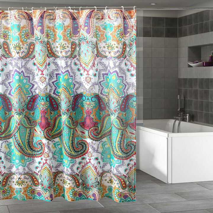 Vana 72 Inch Shower Curtain, Microfiber Fabric, Blue and Red Paisleys Print-Benzara