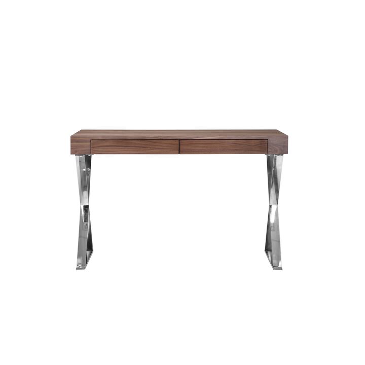 Rix 47 Inch Office Desk, Walnut Wood Top, 2 Drawers, X Polished Steel Legs - Benzara