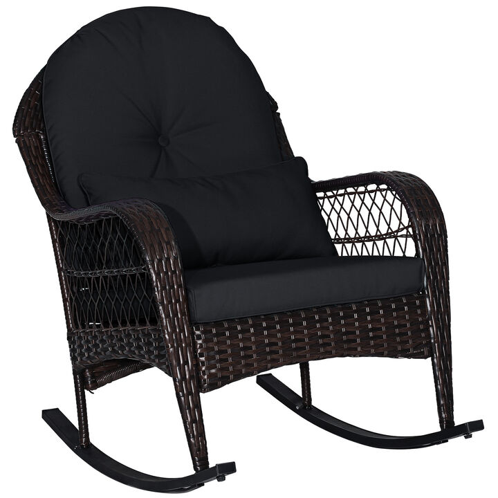 Patio Rattan Rocking Chair with Seat Back Cushions and Waist Pillow