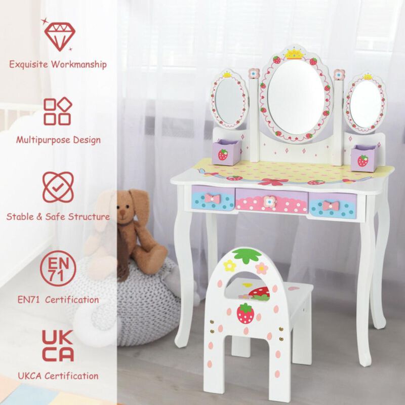 Hivvago Kids Vanity Princess Makeup Dressing Table Chair Set with Tri-fold Mirror