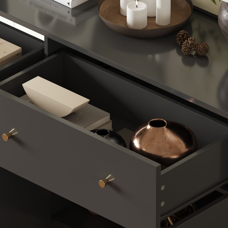 FUFU&GAGA Modern Black Sideboard with 2 Drawers & 4 Cabinet Doors, T-Shaped Door Design, Gold Handles, and Adjustable Shelves (47.2" W x 35.4" H x 15.7" D), Black