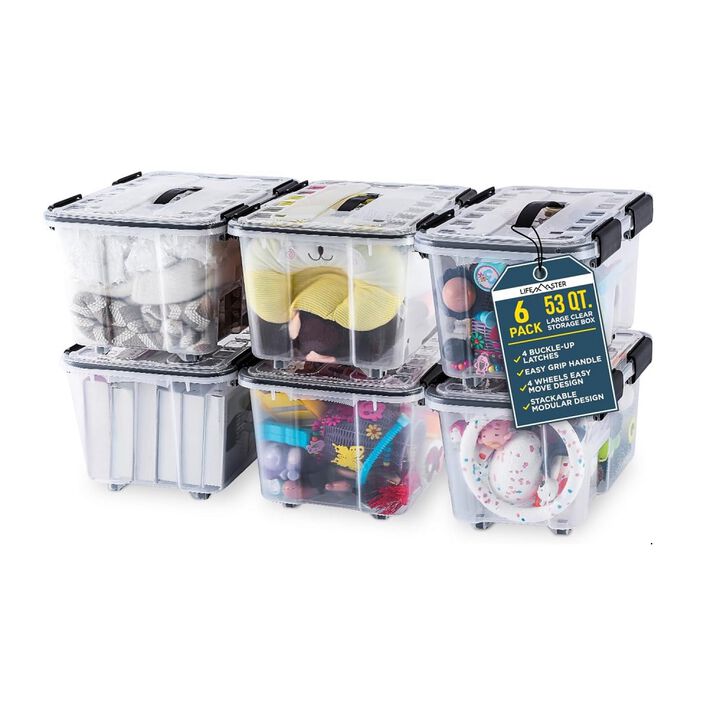 Stackable Storage Box Set - 6 Pieces 53 Quarts Multi-purpose, Space-Efficient Stackable Storage Boxes with Nestable Design, Secure Latches, Easy-Move Wheels & Pull-Out Base - Clear