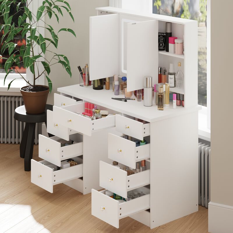 FUFU&GAGA Elegant Vanity Table with 9 Spacious Drawers and LED Mirror - 3 Lighting Modes (43.3”W x 19.7”D x 53.9”H),White