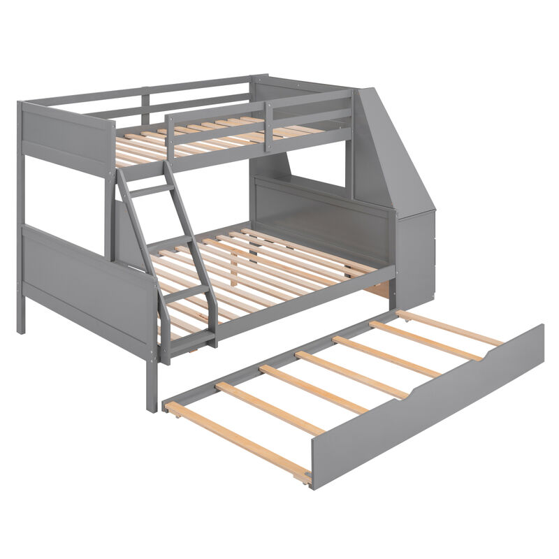 Twin Over Full Bunk Bed With Trundle And Built-In Desk, Three Storage Drawers And Shelf