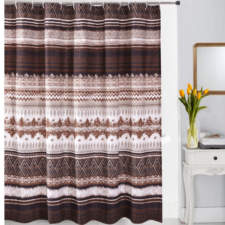 Roca 72 Inch Shower Curtain, Coffee Brown Striped Printing, Button Holes-Benzara