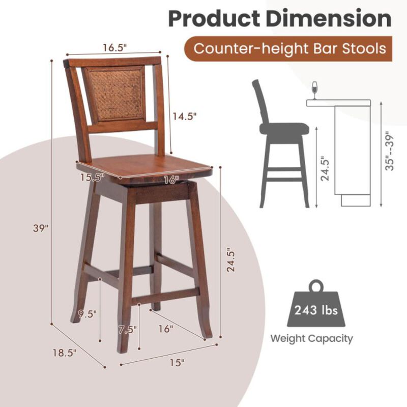 Hivvago 2 Pieces 24.5 Inch Bar Stools with Rattan Back and Swivel Seat