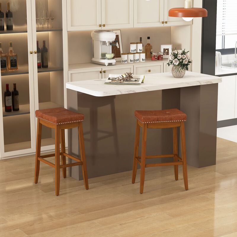 Set of 2 Upholstered PU Leather Bar Stools with Saddle Seat