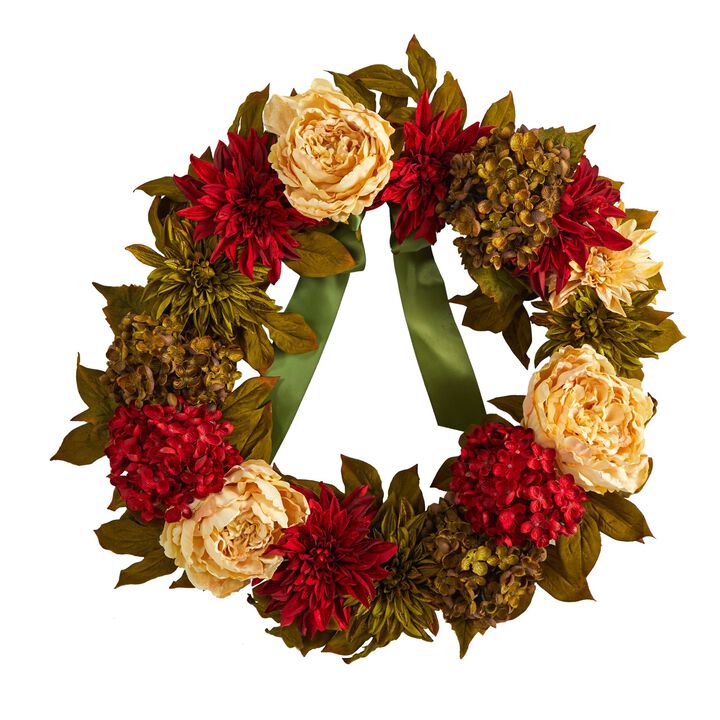 Nearly Natural 24-in Peony, Dahlia and Hydrangea Artificial Wreath