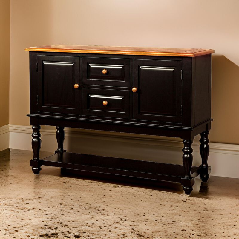 Fritz 52 Inch Server, 2 Cabinets, 2 Drawers, Black, Oak Brown, Turned Legs - Benzara
