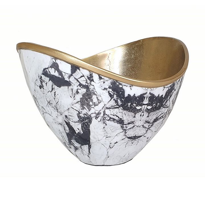 Sinzo 10 Inch Curved Bowl, Gold Aluminum, Textured Design, Black, White  - Benzara