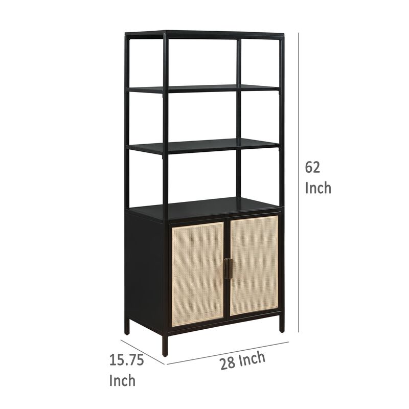 Lanie Tall Accent Cabinet, 3 Shelves 2 Doors, PE Cane, Black Metal - Benzara