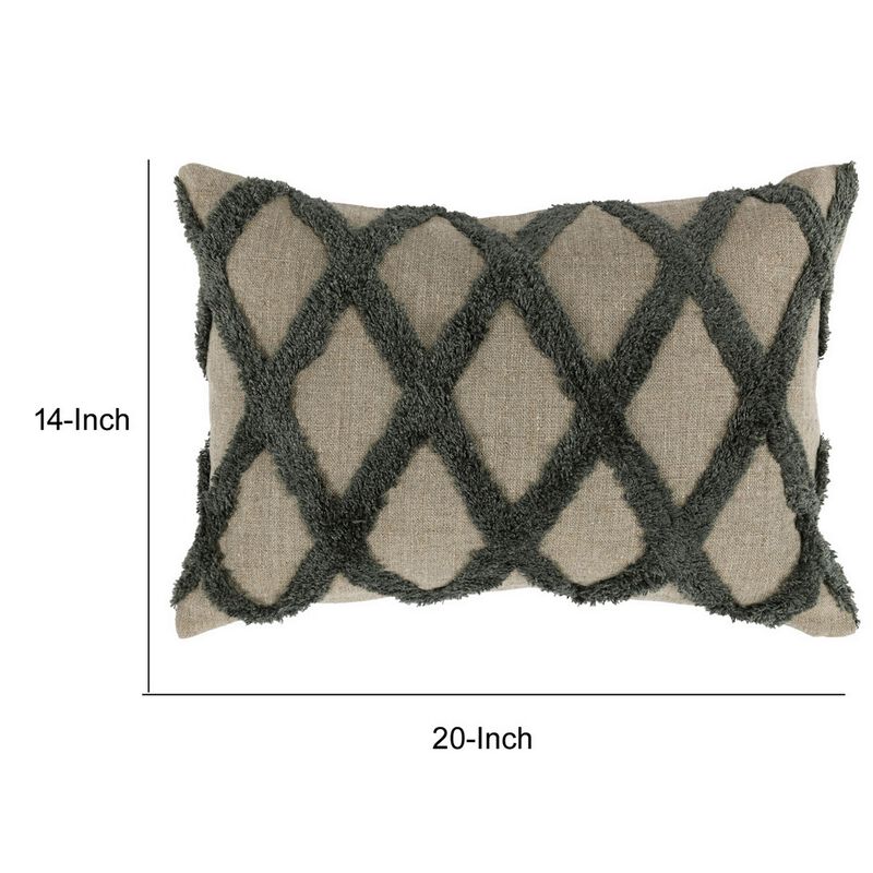 Lo 14 x 20 Lumbar Linen Accent Throw Pillow, Tufted Diamond Pattern, Green-Benzara