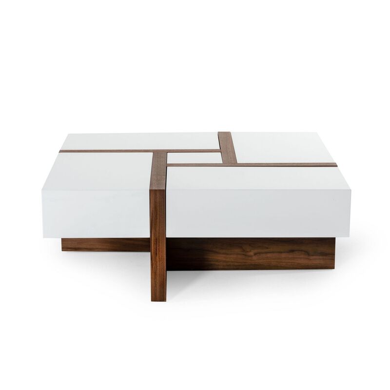 Cid 39 Inch Modern Wood Coffee Table, Puzzle Top Storage, White, Walnut-Benzara
