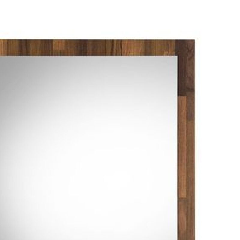32 Inch Wall Mirror, Rectangular Portrait Plank Wood Frame, Walnut Brown-Benzara