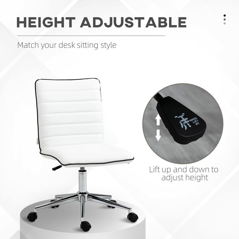 White Office Swivel: Designer Armless Task Chair with Ribbed Leather