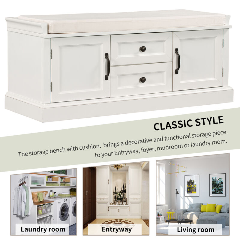 Storage Bench With 2 Drawers And 2 Cabinets, Shoe Bench With Removable Cushion For Living Room