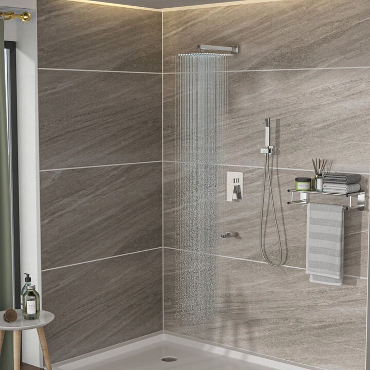 10" Rain Shower Head Systems With Waterfall Tub Spout, Brushed Nickel, Ceiling Mounted Shower