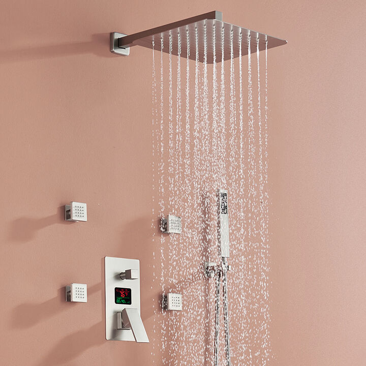 Mondawe Temperature Digital Display 3 Functions Wall Mounted Thermostatic Shower System with 6 Body Jets and Rough-in Valve in Brushed Gold