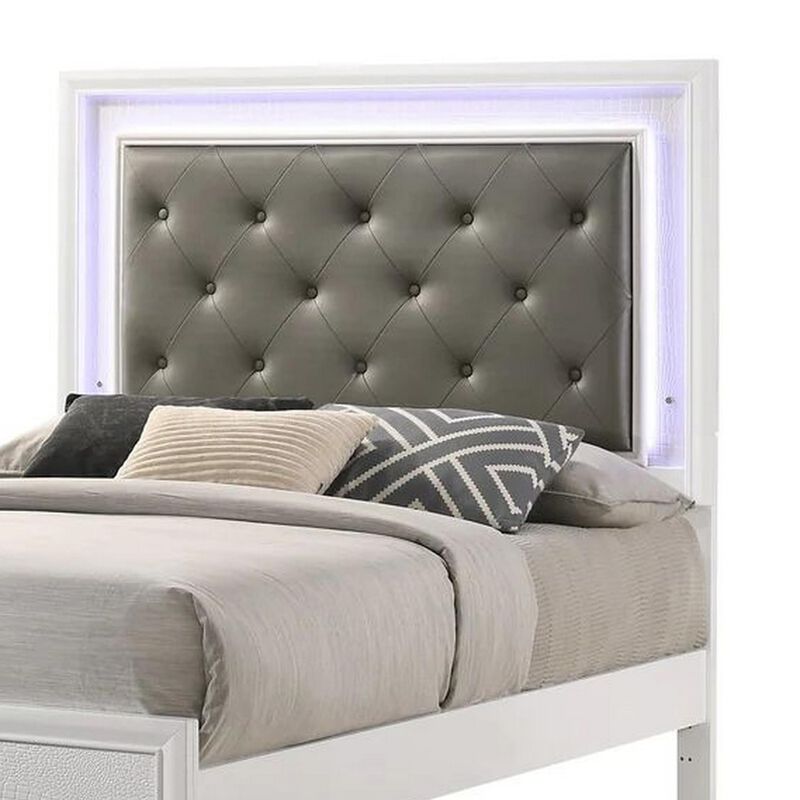 Benjara Lise Full Size Bed, Fabric Upholstery, LED Lit, Modern Wood, White and Gray