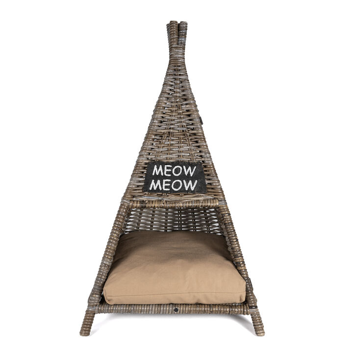 Tiki Tent Coastal Handwoven Rattan Cat Bed with Machine-Washable Cushion