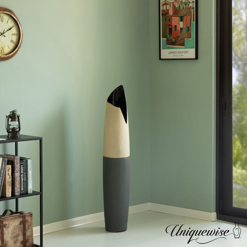 45-Inch Tall Freestanding Ceramic Floor Vase - Handcrafted Beige Polka Dot Striped Top and Black Bottom, Large Waterproof Vase for Tall Floral Arrangements, Unique Shaped Flower Holder