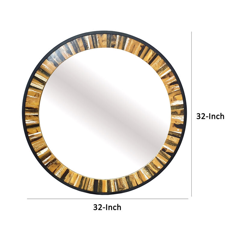 32 Inch Accent Wall Mirror, Round Metal Frame with Agate Inspired Pattern-Benzara