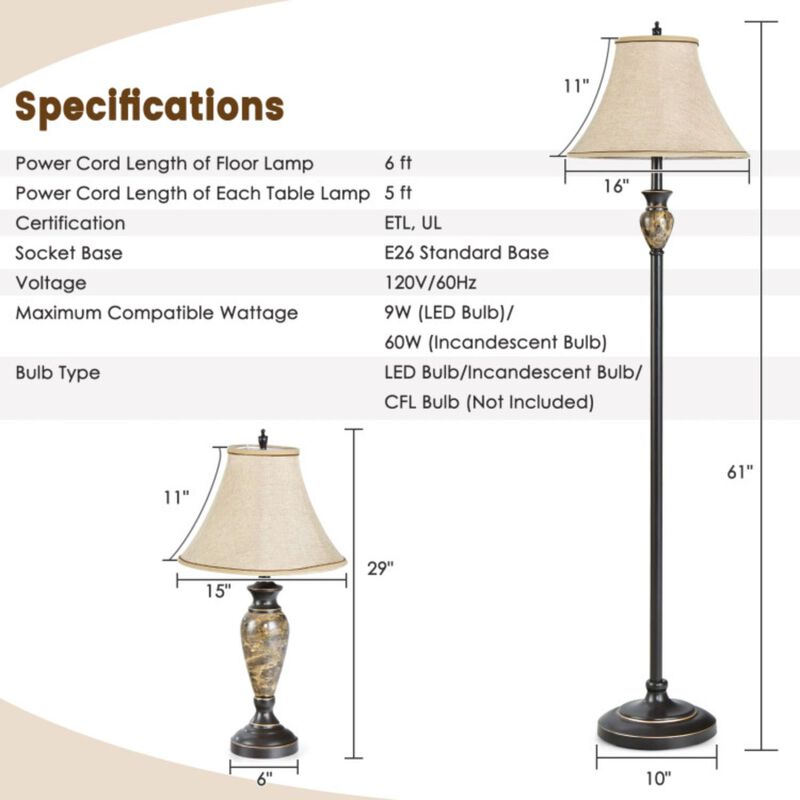 Hivvago 3-Piece Table and Floor Lamp Set with Linen Fabric Lamp Shades
