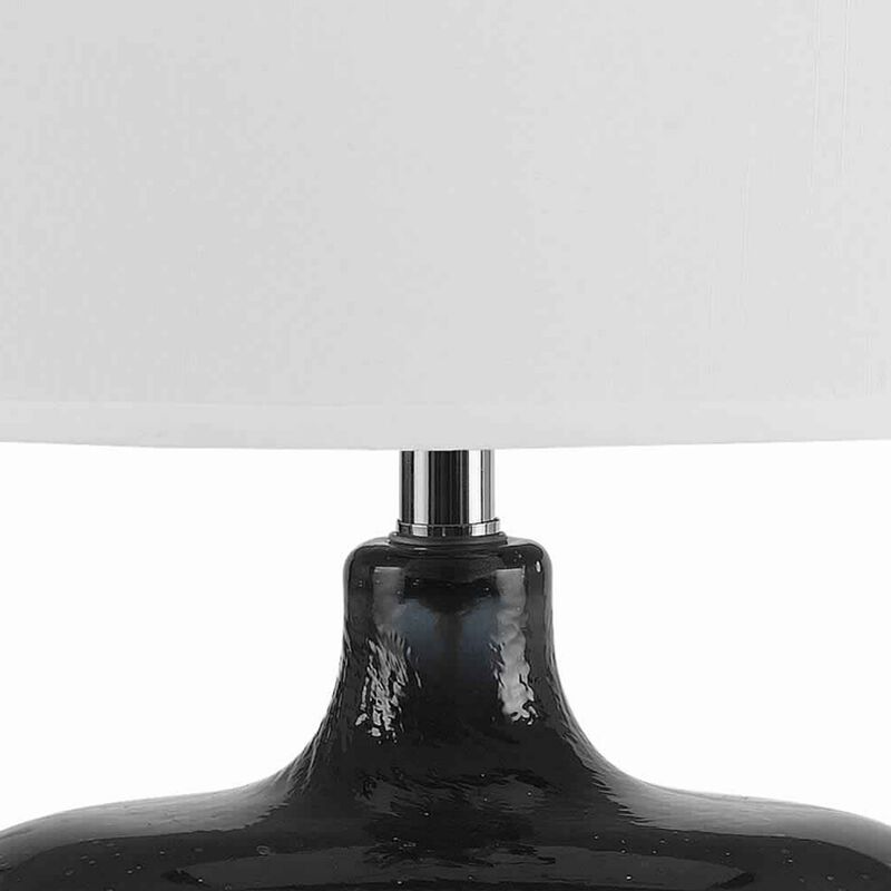 Glass Body Table Lamp with Drum Shade and Bubble Design, Blue and White-Benzara