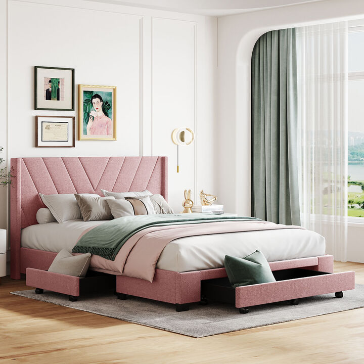 Streamdale Upholstered Storage Platform Bed with Drawers (Pink)