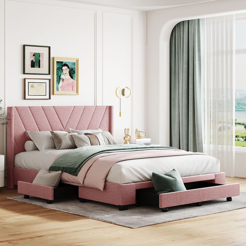 Streamdale Upholstered Storage Platform Bed with Drawers (Pink)