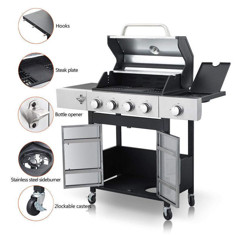 MONDAWE 4-Burner Propane Gas BBQ Grill with Side Burner, 46790BTU Output With Enameled Cast Iron Cooking Grids For Outdoor Barbecue, Stainless Steel