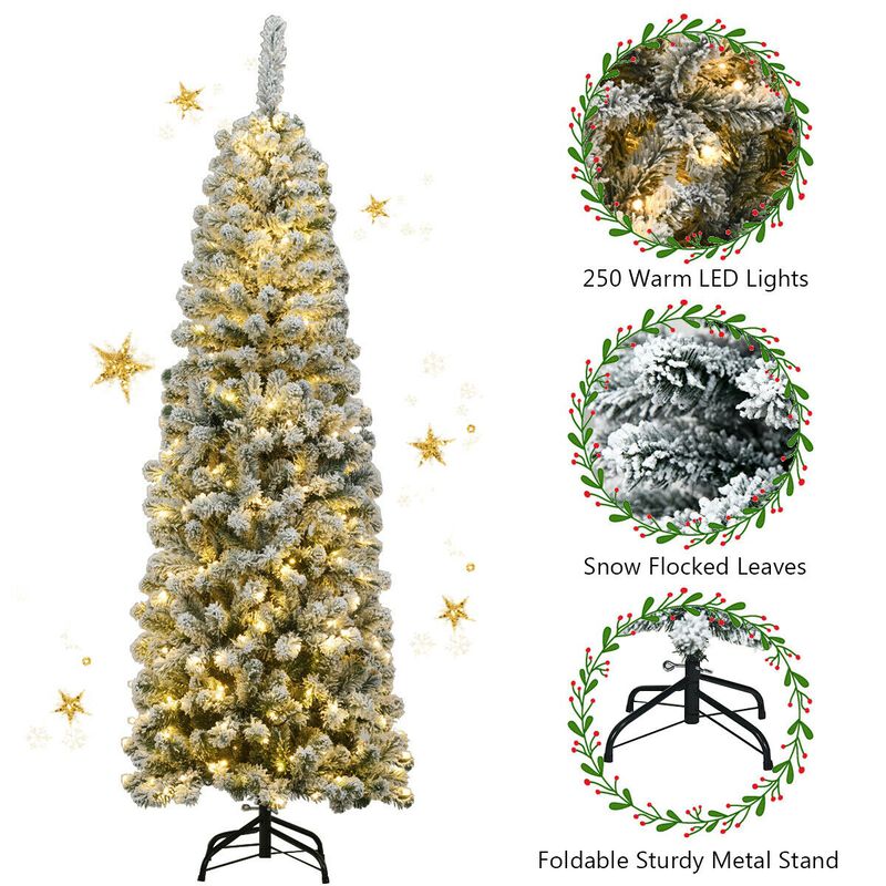 Pre-lit Snow Flocked Artificial Pencil Christmas Tree for Elegant, Space-Saving Holiday Decor with a Wintery Touch