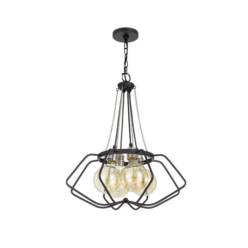 Lima 22 Inch Chandelier w 4 Light Bulbs, Black Metal Cage Design - Benzara