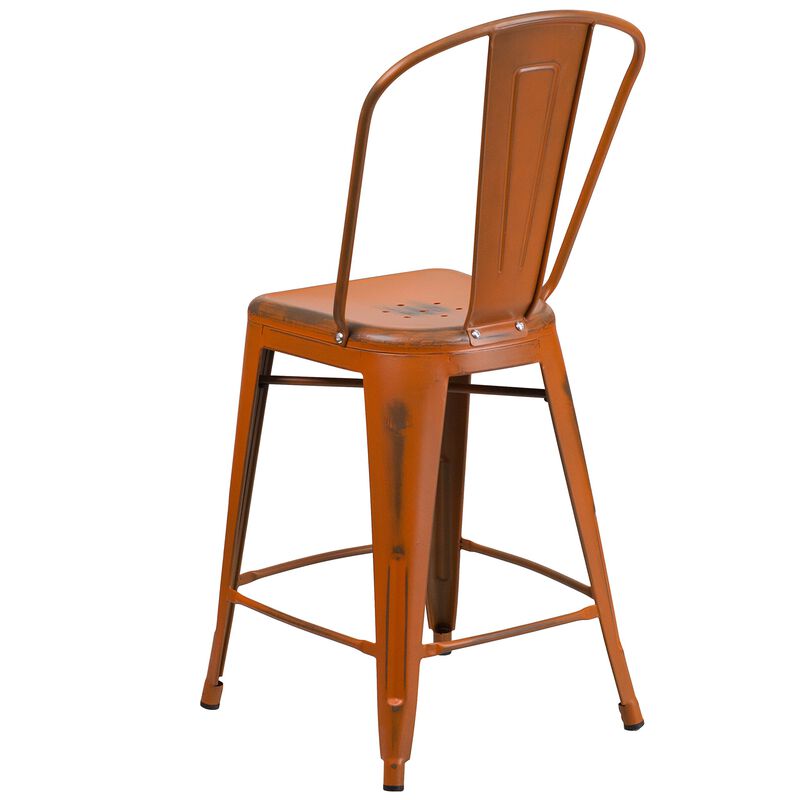 Flash Furniture Carly Commercial Grade 24" High Distressed Orange Metal Indoor-Outdoor Counter Height Stool with Back