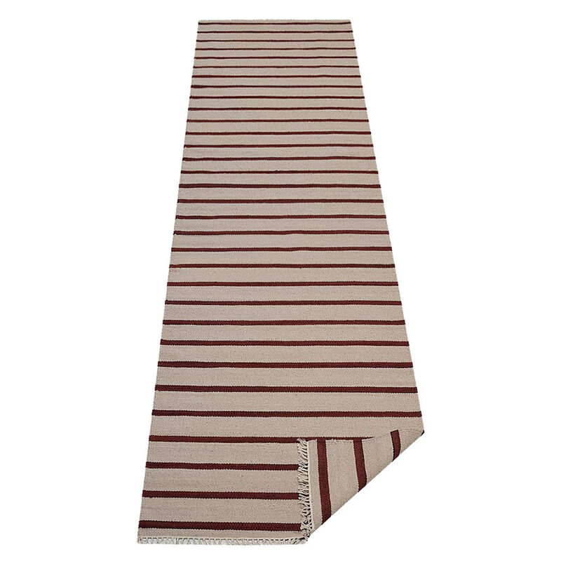 RUGSOTIC CARPETS HAND WOVEN FLAT WEAVE KILIM WOOL ECO-FRIENDLY AREA RUGS  - 2'6''x6', Runner Shape, Cream Red Color, Contemporary Modern Design, Low Pile Handmade Rugs for Living Room (D00118)