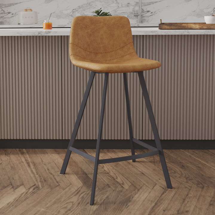 Elland Modern Upholstered Leather Bar Stool With Black Iron Legs & Footrest
