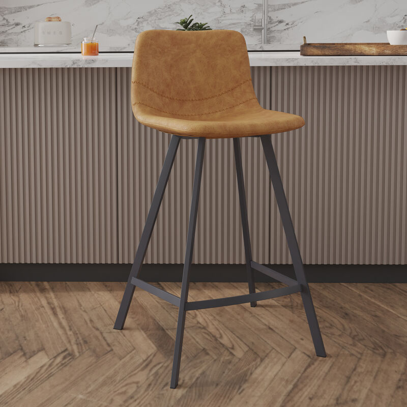 Elland Modern Upholstered Leather Bar Stool With Black Iron Legs & Footrest