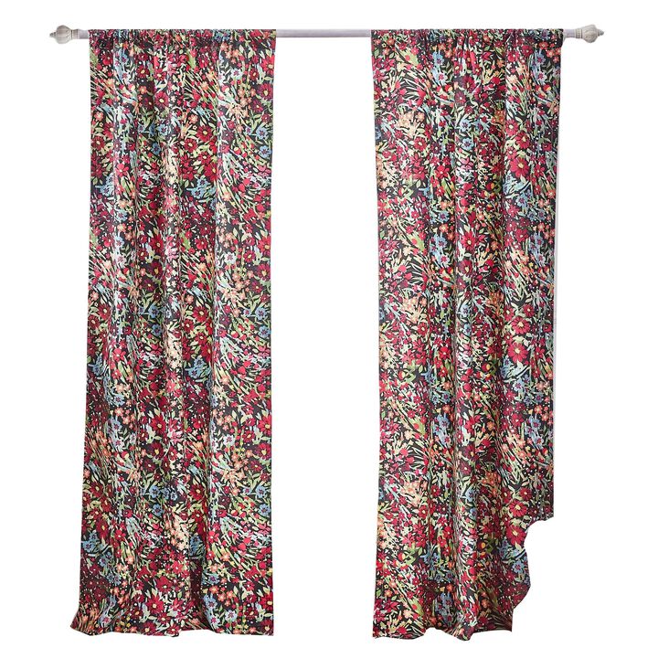 Burges 84 Inch Window Panel Curtain, Red and Pink Reed Print, Rod Pockets - Benzara