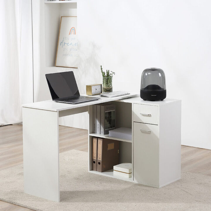 White Corner Workstation: L-Shaped Desk with Rotating Shelves & Drawer