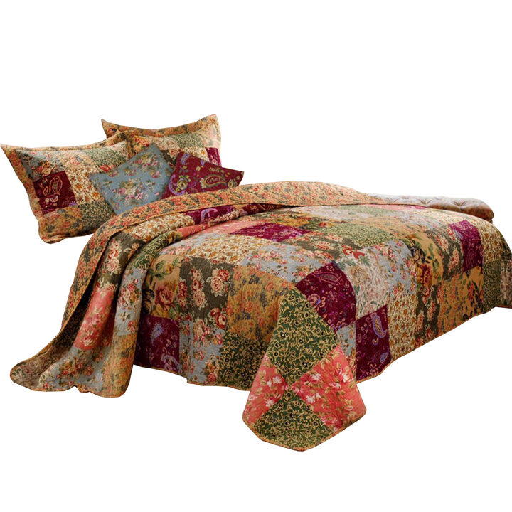Kamet 5 Piece Fabric King Size Quilt Set with Floral Prints, Multicolor - Benzara