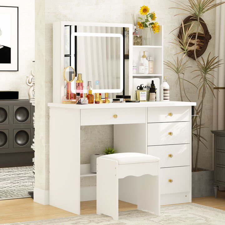White Makeup Vanity Set Dressing Table with Sliding LED Lighted Mirror Power Strip and Hair Dryer Holder, Drawers, Stool